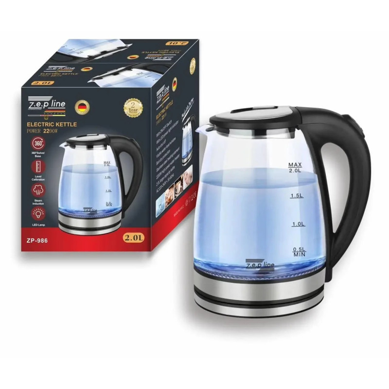 Скляний електрочайник з підсвічуванням 2л автоматичне вимкнення 2200 Вт Zepline ZP-986 Black Скляний електрочайник з підсвічуванням 2л автоматичне вимкнення 2200 Вт Zepline ZP-986 Black