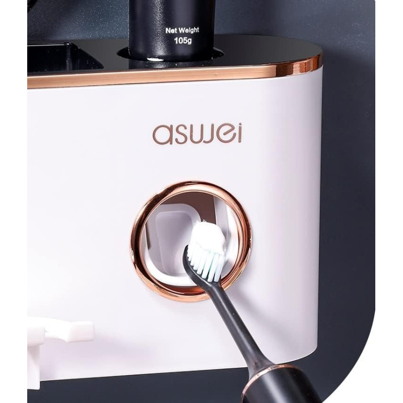 Многофункциональный органайзер в ванную для зубных принадлежностей с дозатором зубной пасты на стену Aswei A2207 White/Gold