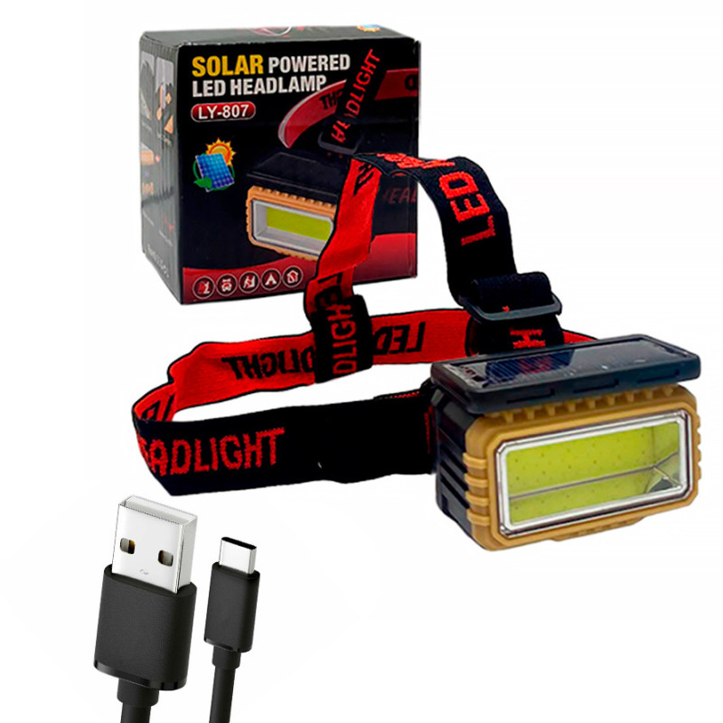 Налобний LED ліхтар зарядка з аккамулятором 1200 мАг Type-C із сонячною батареєю X-Balog BL-LY-807 Black