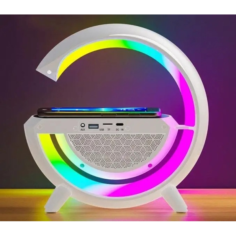 Багатофункціональний RGB нічник з Bluetooth колонкою та бездротовою зарядкою з годинником 15Вт BT-3401 White