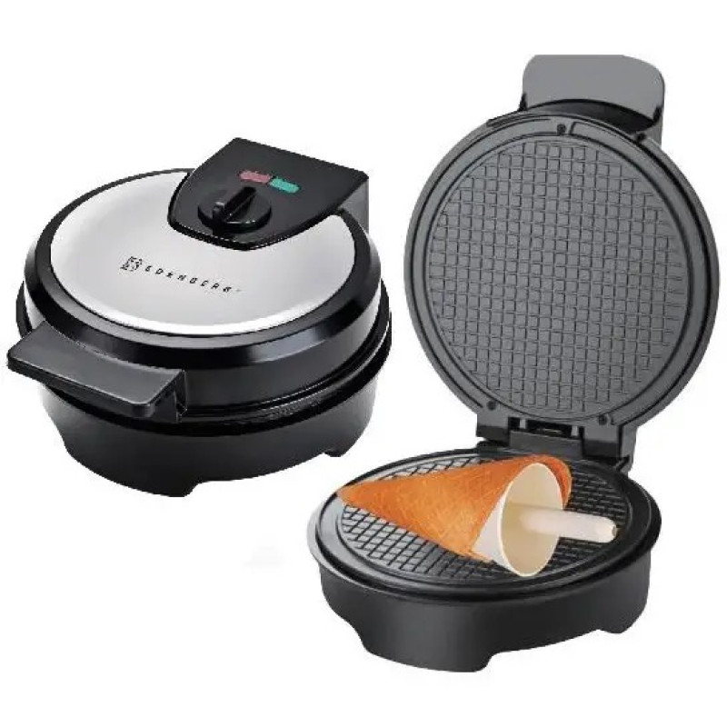 Вафельниця електрична кругла для тонких вафель, ріжків, трубочок з антипригарним покриттям та захистом від перегріву 1500Вт Edenberg EB-64409 Чорний/Сірий