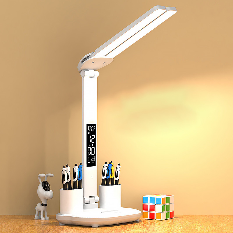 Настільна подвійна LED лампа 7Вт 6000К сенсорна на акумуляторі 3200мАг з термометром і дисплеєм Lesko 7788 White