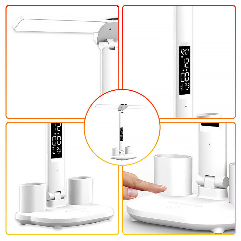 Настільна подвійна LED лампа 7Вт 6000К сенсорна на акумуляторі 3200мАг з термометром і дисплеєм Lesko 7788 White