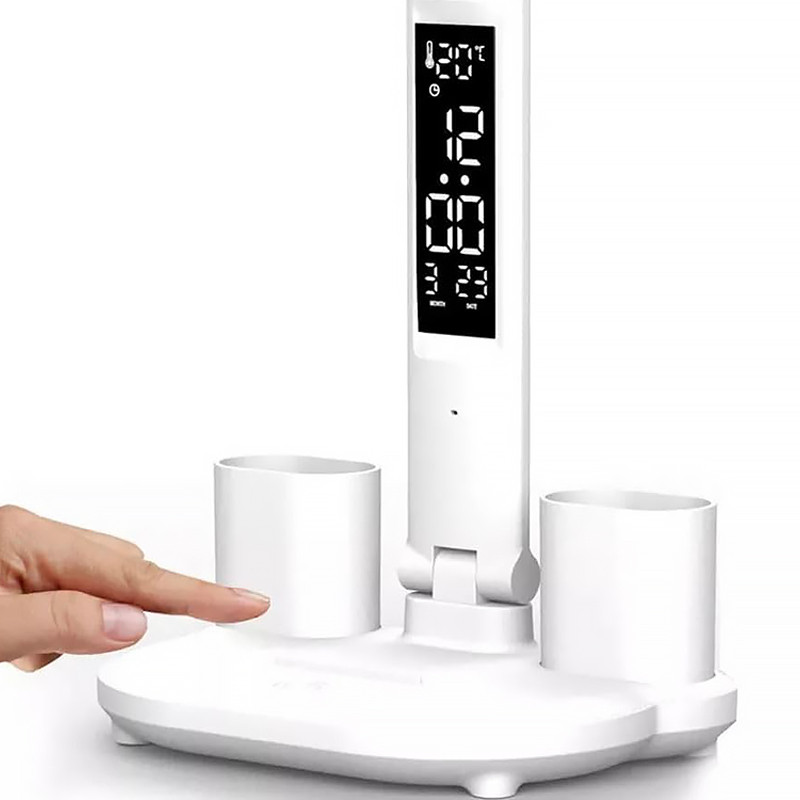 Настільна подвійна LED лампа 7Вт 6000К сенсорна на акумуляторі 3200мАг з термометром і дисплеєм Lesko 7788 White