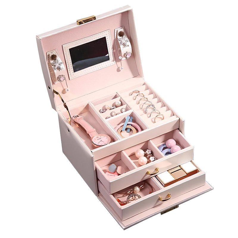 Скринька для прикрас і ювелірних виробів трирівнева з дзеркалом Casegrace SP-01111 Pink