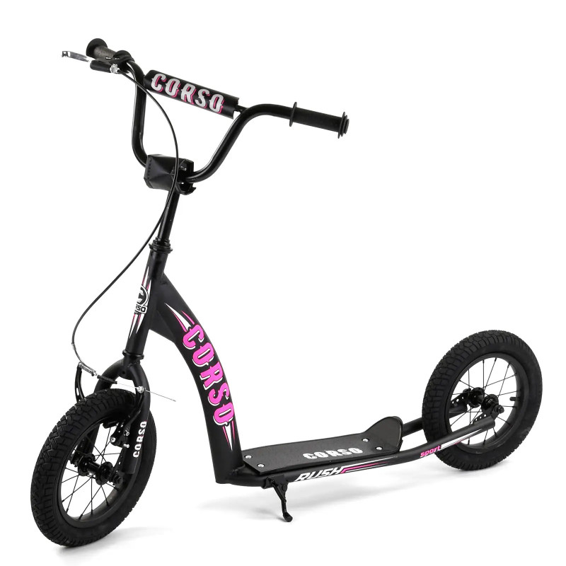 Самокат міський двоколісний з великими надувними колесами 12" для дітей від 3 років Corso CR-T 9490 Чорний/Рожевий