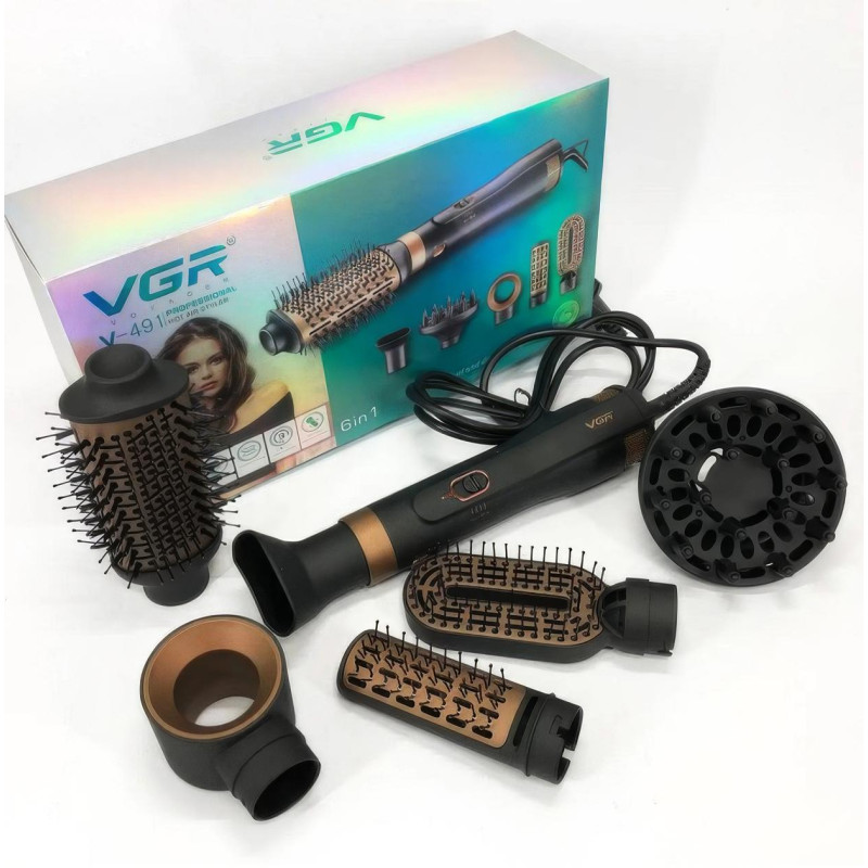 Багатофункціональний фен стайлер 6в1 для укладання та завивки волосся з 6-ма насадками VGR (V-491 Black)