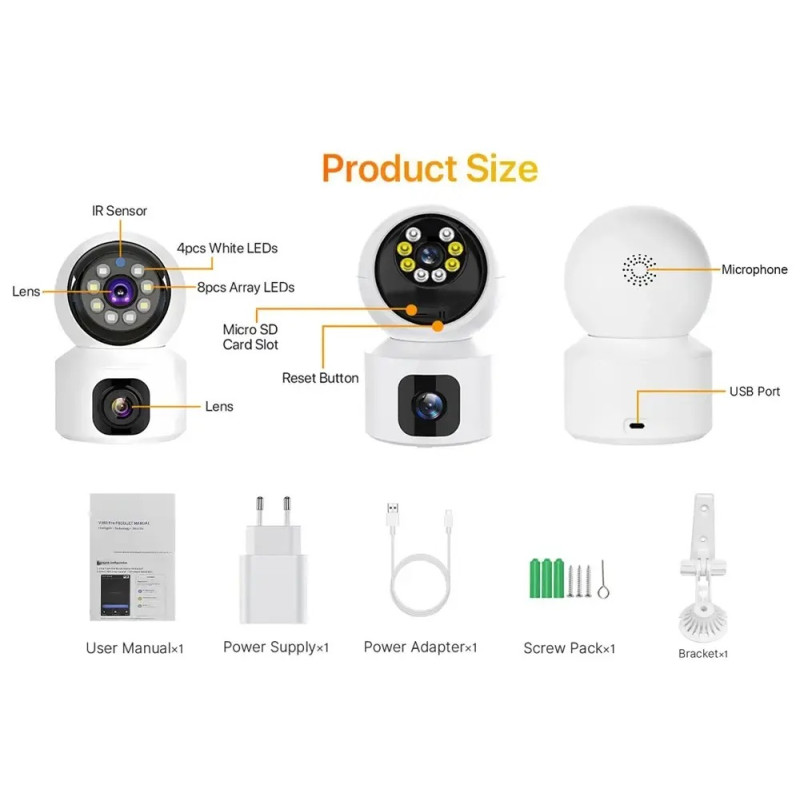 Домашня WiFi камера відеоспостереження з інфрачервоним нічним підсвічуванням PTZ 2DUAL LENS V380PRO 4MP White