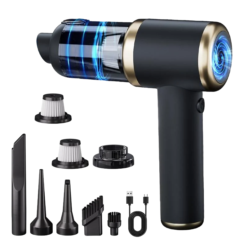 Портативний автомобільний пилосос 50Вт TYPE-C на аккамуляторі 2000 mAh з насадками і сумкою HELLOLEIBOO T-132 Black+Gold