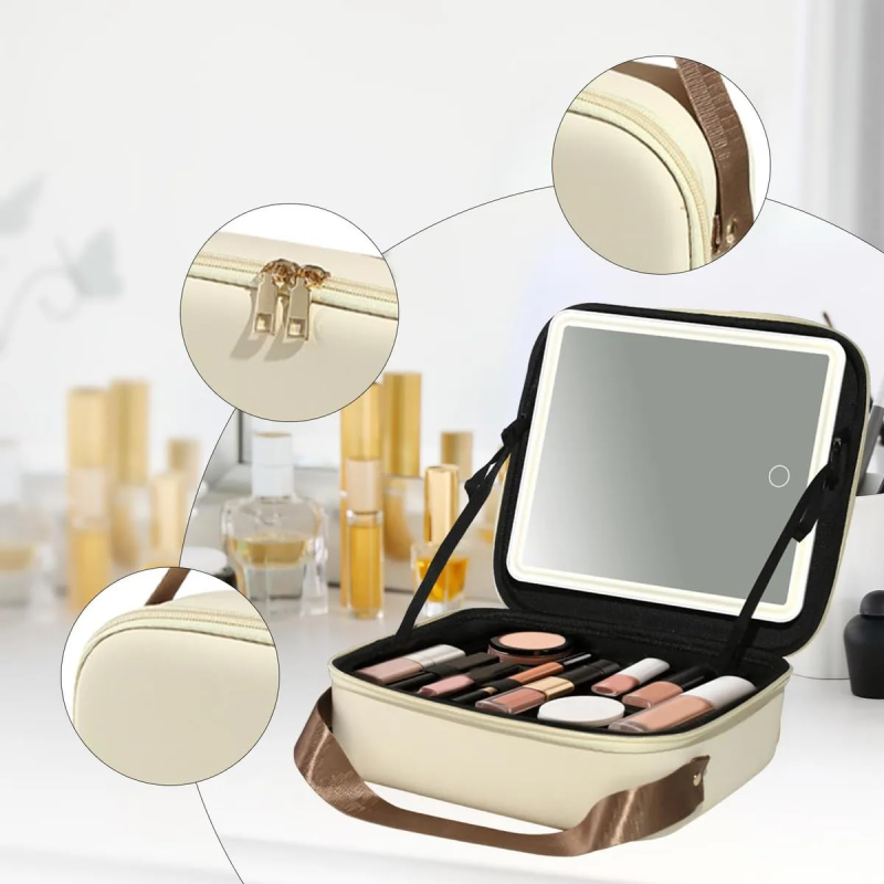 Сумка-органайзер для косметики з дзеркалом і LED-підсвіткою EVA Modern EM-7612 Beige