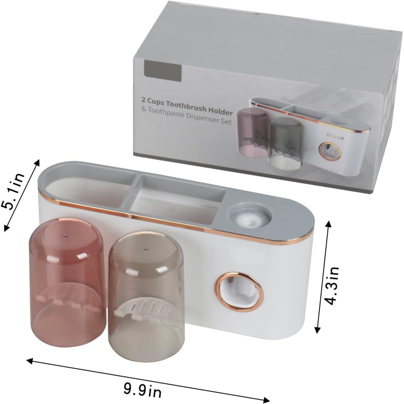 Многофункциональный органайзер в ванную для зубных принадлежностей с дозатором зубной пасты на стену Aswei A2207 White/Gold