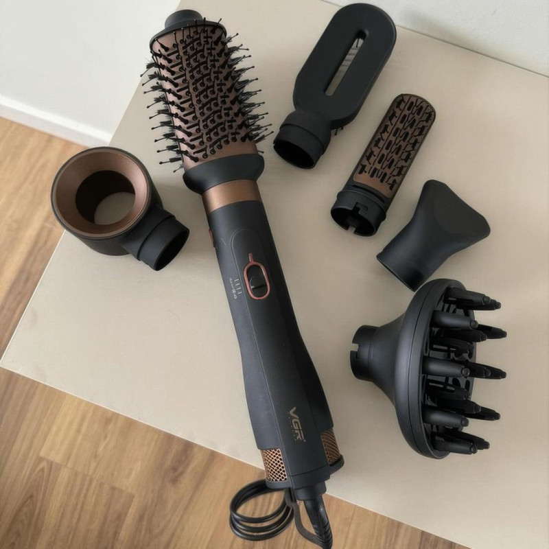 Багатофункціональний фен стайлер 6в1 для укладання та завивки волосся з 6-ма насадками VGR (V-491 Black)