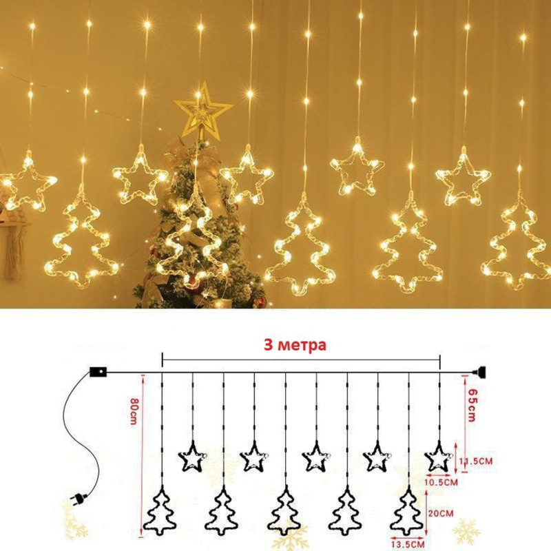 Новорічна гірлянда-штора Фігурки в зірка-ялинка 3 x 0.8 м. Теплий білий на 8 режимів SFK-21 Новорічна гірлянда-штора Фігурки в зірка-ялинка 3 x 0.8 м. Теплий білий на 8 режимів SFK-21