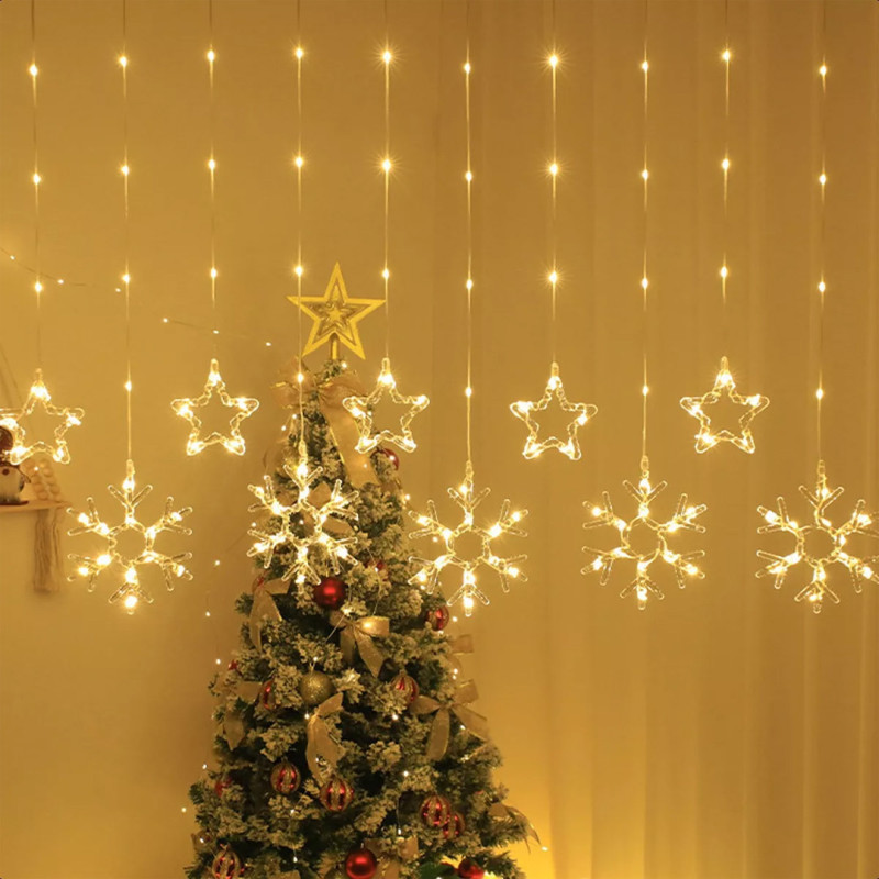 Новорічна гірлянда-штора Сніжинка і зірочка 3 м*80 см Теплий білий Гірлянда на 8 режимів SFK-19