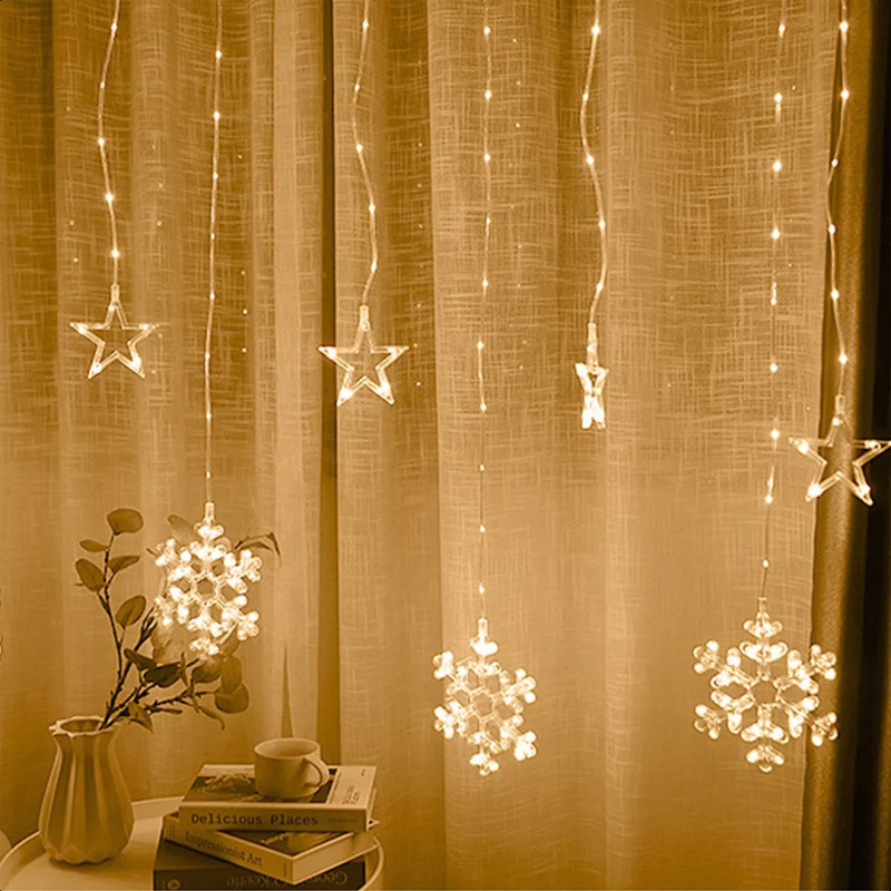Новорічна гірлянда-штора Сніжинка і зірочка 3 м*80 см Теплий білий Гірлянда на 8 режимів SFK-19