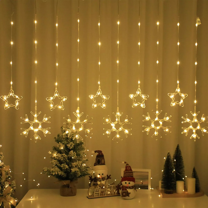 Новорічна гірлянда-штора Сніжинка і зірочка 3 м*80 см Теплий білий Гірлянда на 8 режимів SFK-19