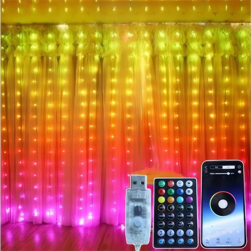 Новорічна Led гірлянда-штора з пультом та керуванням з телефону Bluetooth USB APP 3х3 метри SFK-06 RGB