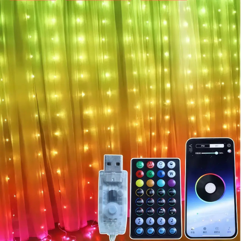 Новорічна Led гірлянда-штора з пультом та керуванням з телефону Bluetooth USB APP 3х3 метри SFK-06 RGB Новорічна Led гірлянда-штора з пультом та керуванням з телефону Bluetooth USB APP 3х3 метри SFK-06 RGB