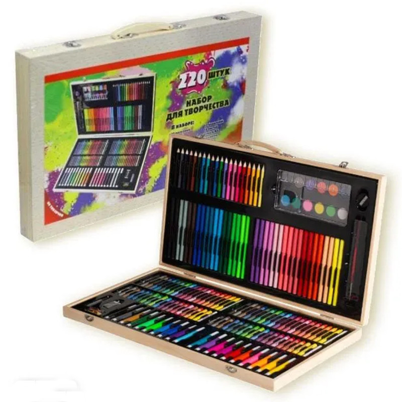 Великий художній набір для творчості та малювання в дерев'яній валізці на 220 предметів
