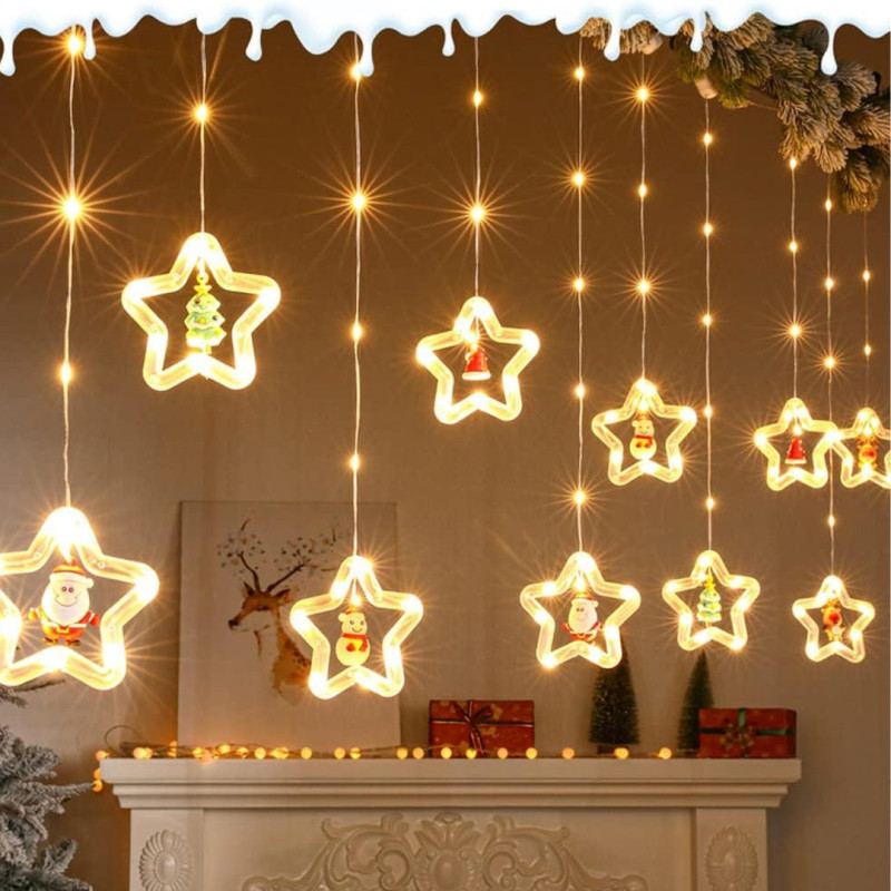 Новорічна led гірлянда-штора зірки з іграшкою 3 м*80 см 8 режимів теплий колір SFK-24