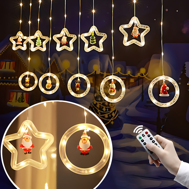 Новорічна гірлянда-штора зірка і коло з іграшкою 8 режимів роботи тепле світло 3 м х 0,8 м SFK-23