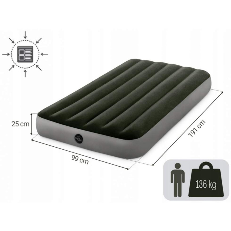 Надувний матрац ПВХ одномісний з велюровим покриттям до 136кг Intex 64107 191x99x25см Green