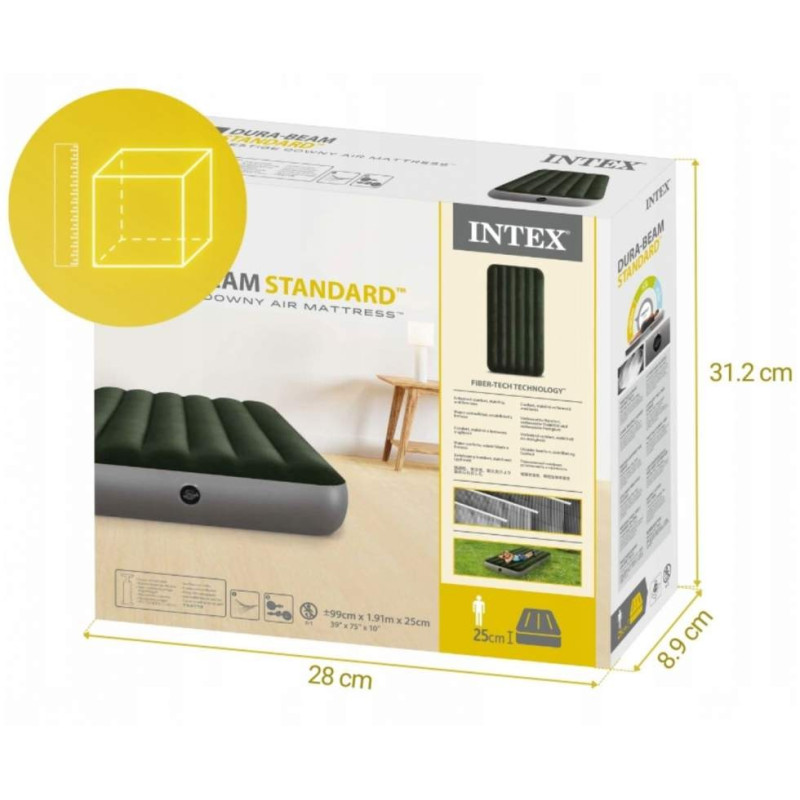 Надувний матрац ПВХ одномісний з велюровим покриттям до 136кг Intex 64107 191x99x25см Green