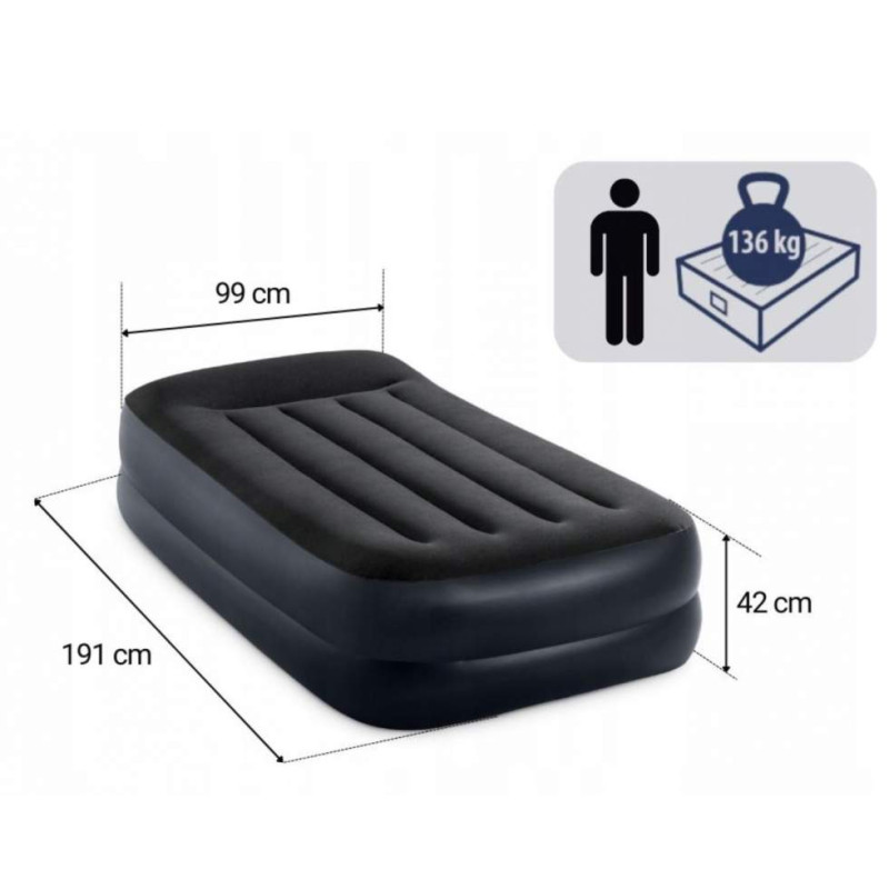 Одномісне надувне ліжко 191 x 99 x 42см, матрац із вбудованим usb-електронасосом  Intex 64122 Black
