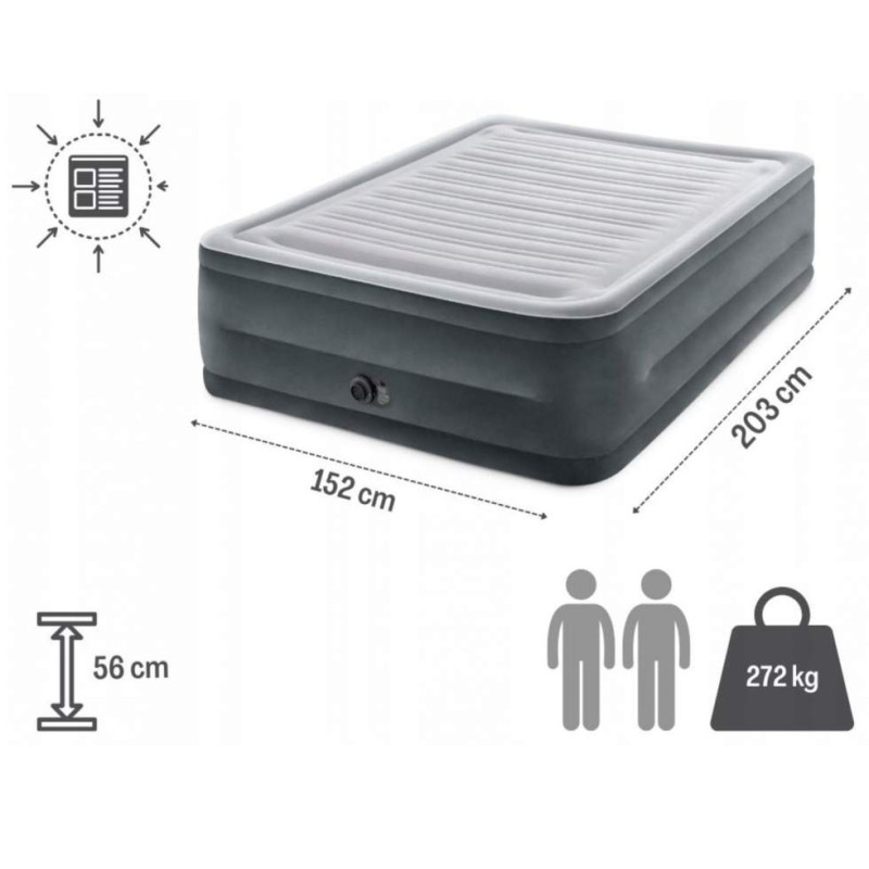 Полуторне надувне ліжко 203 x 152 x 56см, матрац із вбудованим електронасосом  Intex 64418 Gray