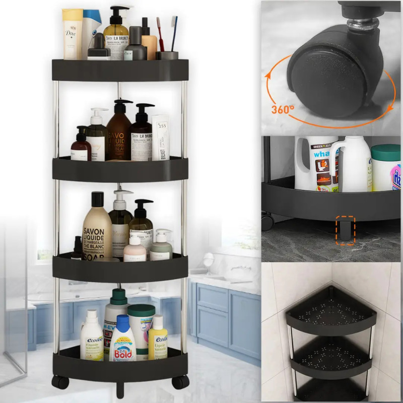 Кутова підлогова полиця у ванну Light Shelf 4 яруси на колесах 26х26х85см LS-7840 Black Кутова підлогова полиця у ванну Light Shelf 4 яруси на колесах 26х26х85см LS-7840 Black