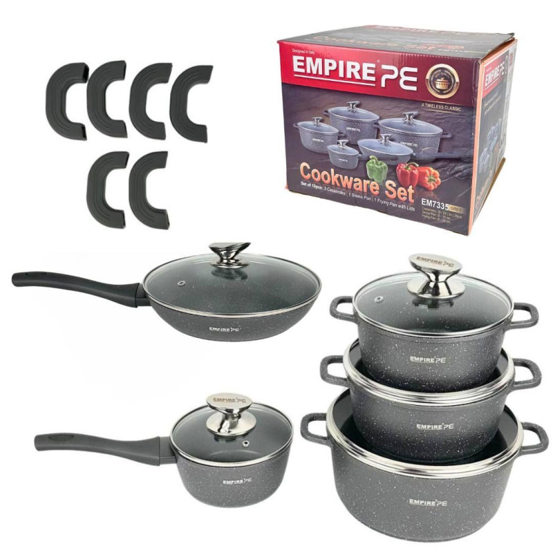 Набор посуды с 16 предметов каструли и сковорода с стекляными кришками Empire EM-7338 Gray