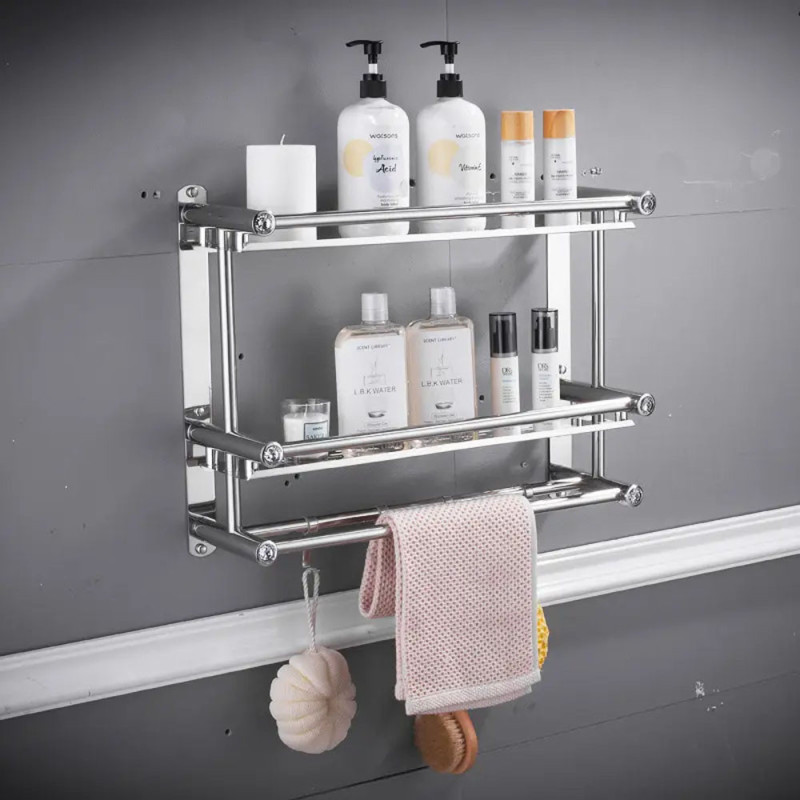 Підвісна 2-ярусна настінна полиця Light Shelf 40х38х15см для ванної кімнати з нержавіючої сталі LS-7824 Silver