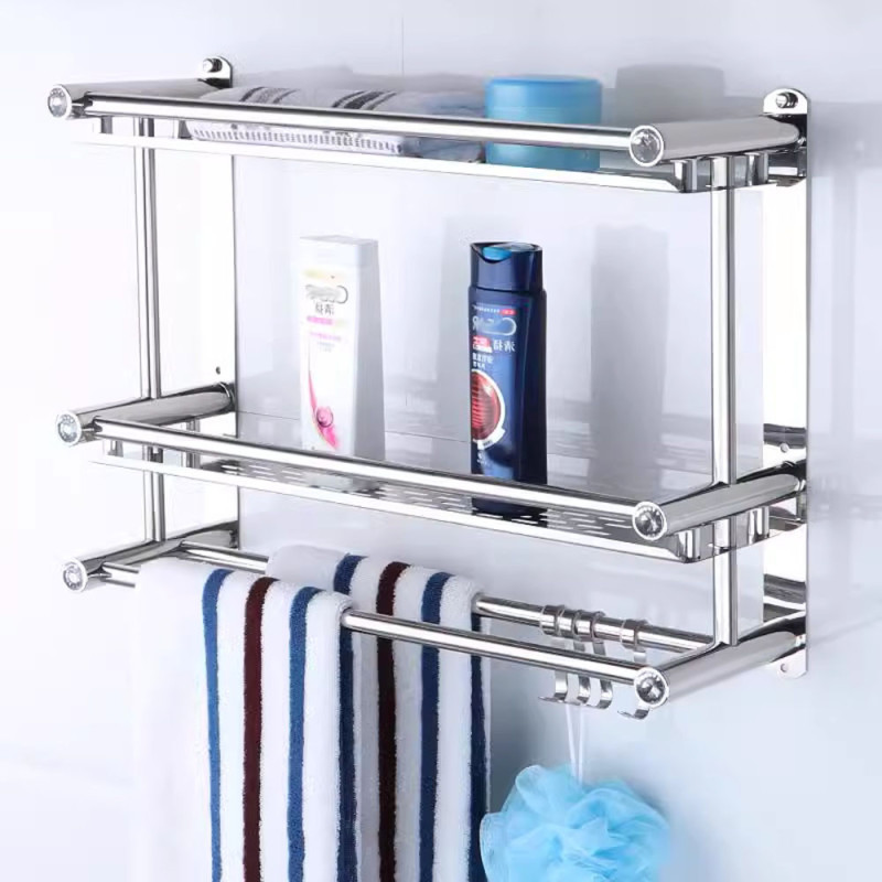 Підвісна 2-ярусна настінна полиця Light Shelf 40х38х15см для ванної кімнати з нержавіючої сталі LS-7824 Silver