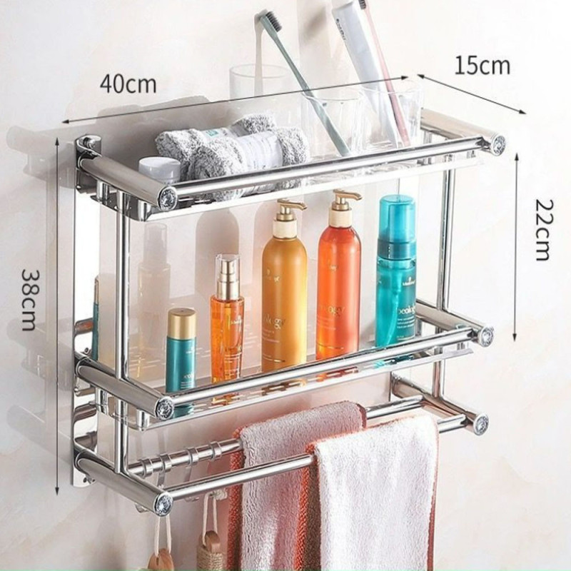 Підвісна 2-ярусна настінна полиця Light Shelf 40х38х15см для ванної кімнати з нержавіючої сталі LS-7824 Silver