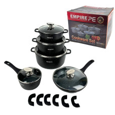 Набір посуду з 16 предметів каструлі та сковорода зі скляними кришками та силіконовими прихватками Empire EM-7338 Black
