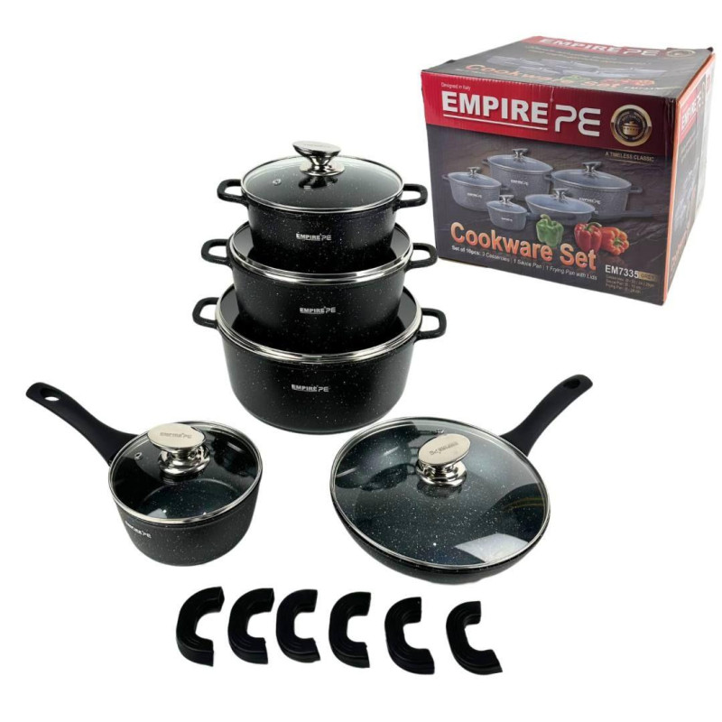 Набір посуду з 16 предметів каструлі та сковорода зі скляними кришками та силіконовими прихватками Empire EM-7338 Black