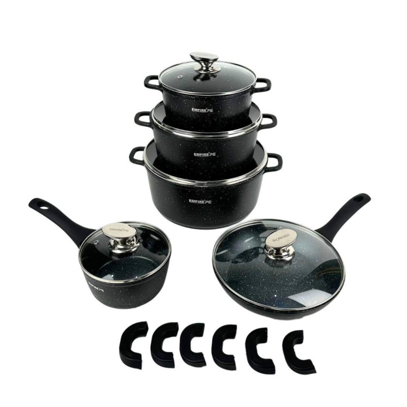 Набір посуду з 16 предметів каструлі та сковорода зі скляними кришками та силіконовими прихватками Empire EM-7338 Black