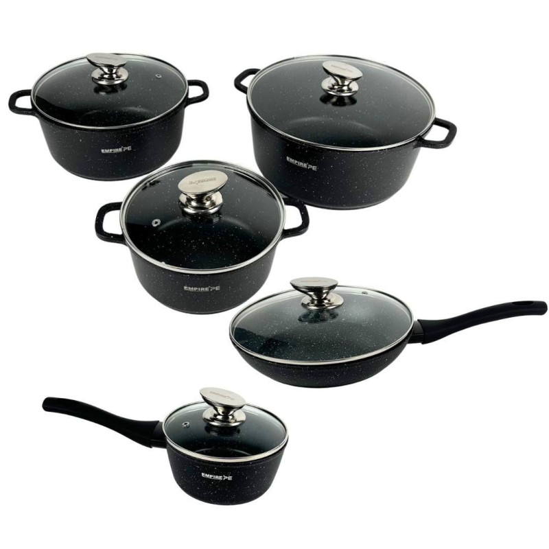 Набір посуду з 16 предметів каструлі та сковорода зі скляними кришками та силіконовими прихватками Empire EM-7338 Black
