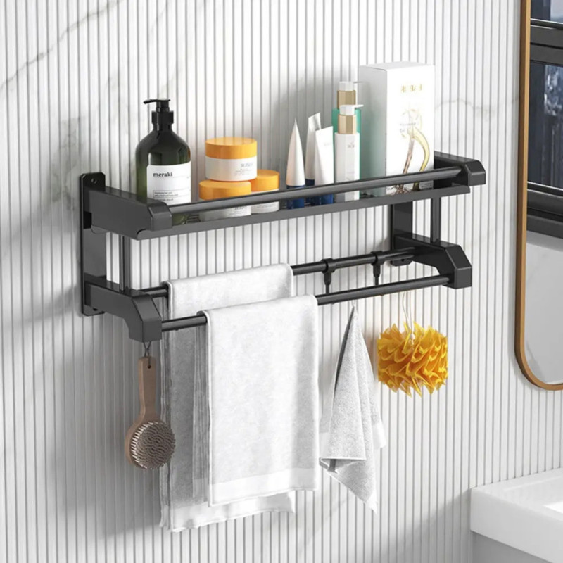 Полка Light Shelf металическая настенная для ванной комнаты 40х16х15см с вешалкой для полотенец LS-7819 Black