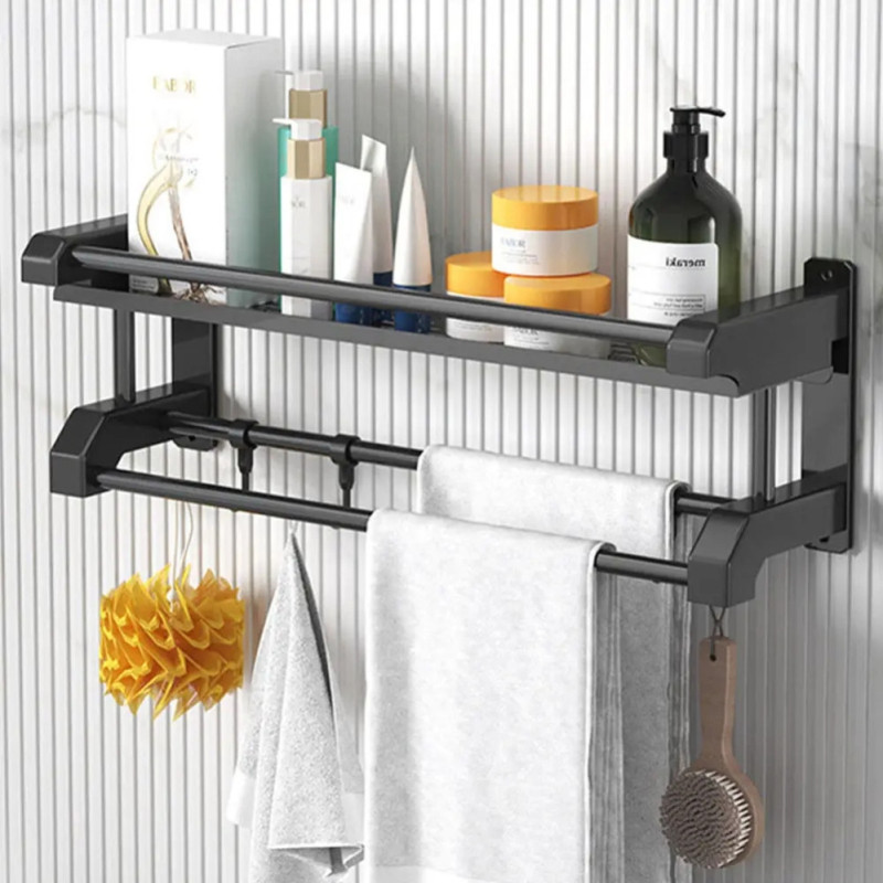 Полка Light Shelf металическая настенная для ванной комнаты 40х16х15см с вешалкой для полотенец LS-7819 Black