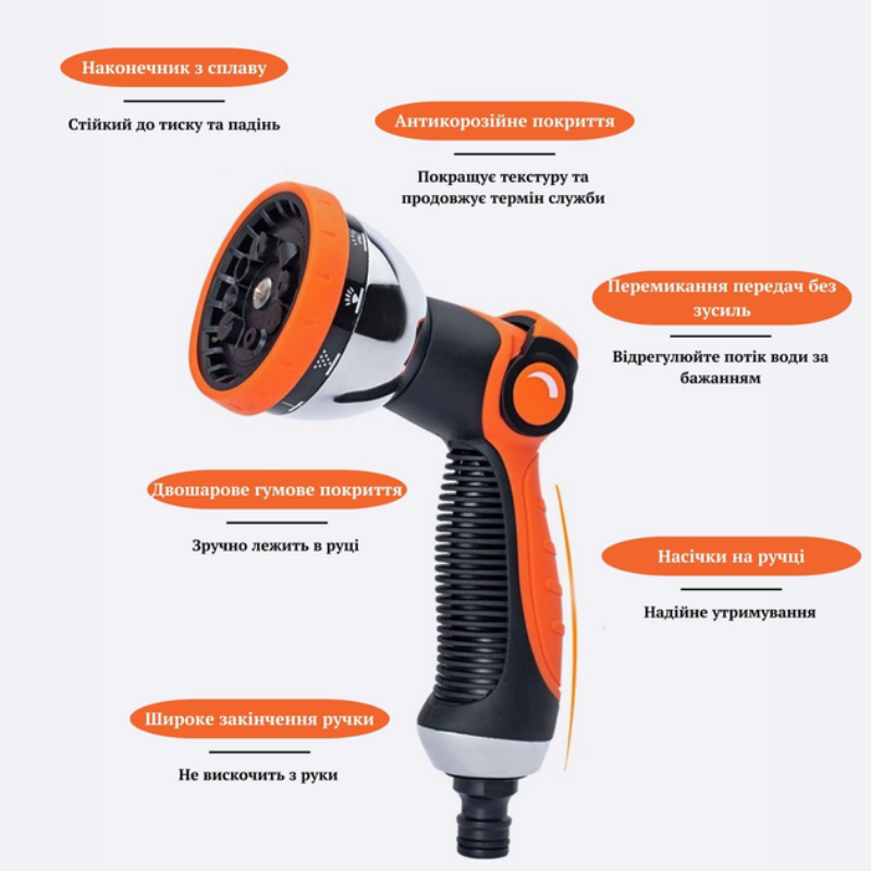 Насадка на шланг для поливу пістолет-розпилювач з 10 режимами високого тиску WATER GUN PRO 1292 Orange Насадка на шланг для поливу пістолет-розпилювач з 10 режимами високого тиску WATER GUN PRO 1292 Orange