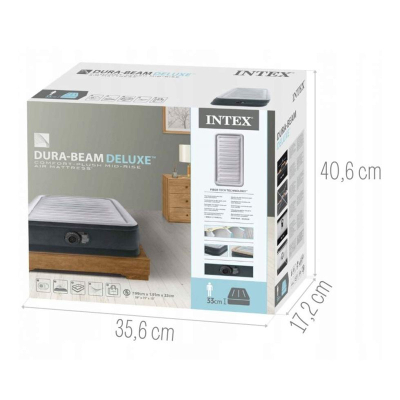 Одномісне надувне ліжко 191 x 99 x 33см, матрац із вбудованим електронасосом  Intex 67766 Gray