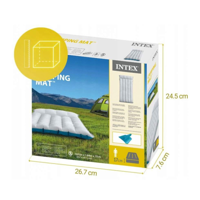 Надувний матрац одномісний для кемпінгу ПВХ до 136кг Intex 67997 184x67x17см Grey/Blue