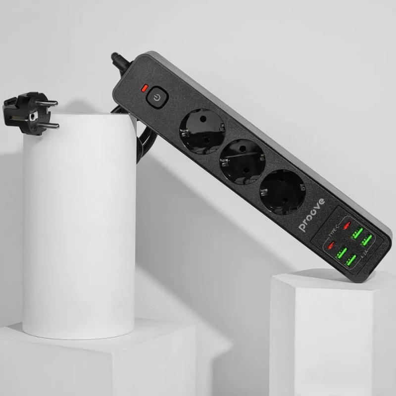 Мережевий фільтр на 4 розетки + 4 USB + 2 Type-C безпечний подовжувач Хаб 2м Power Strip P-04 Black