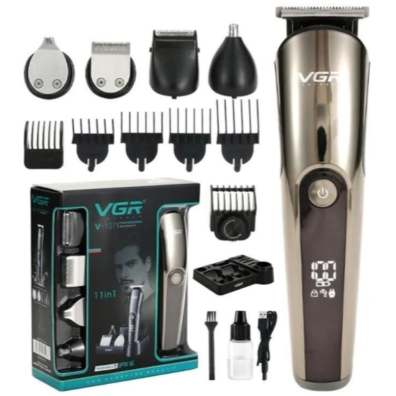 Машинка для стрижки волосся та бороди акумуляторна з дисплеєм та насадками 5Вт VGR V-107 Silver
