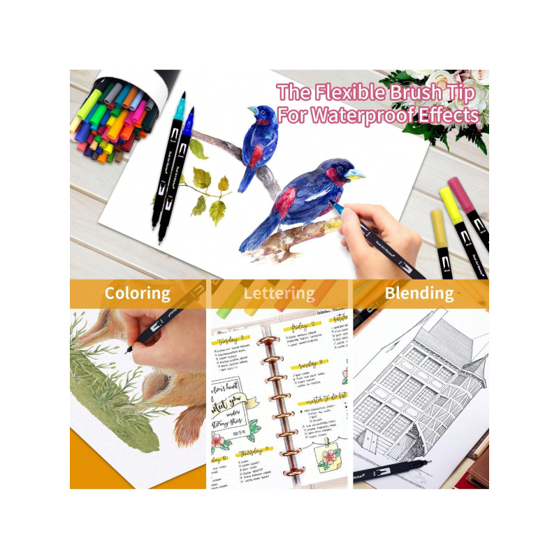 Набір двосторонніх акварельних маркерів на водній основі з чохлом 60 штук Dual Brush Pens Multicolored