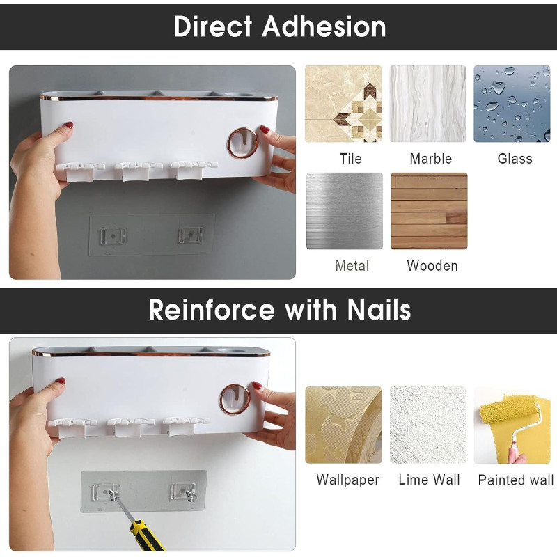 Многофункциональный органайзер в ванную для зубных принадлежностей с дозатором зубной пасты на стену Aswei A2207 White/Gold