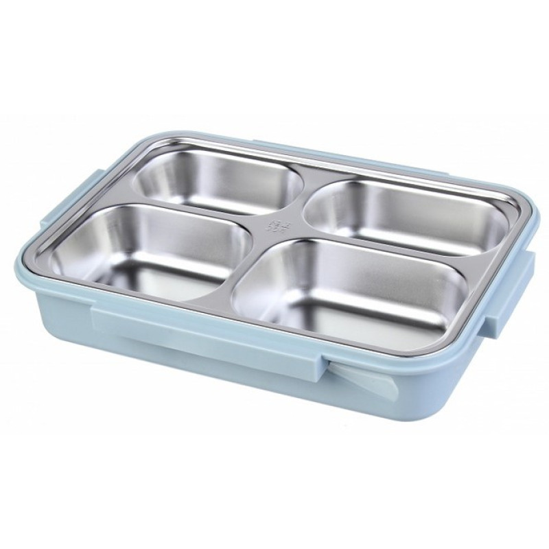 Ланч-бокс із підігрівом їжі за допомогою гарячої води сталева чаша на 4 відсіки 1500мл з підставкою для телефону MA-2000 Blue