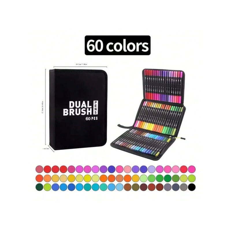 Набір двосторонніх акварельних маркерів на водній основі з чохлом 60 штук Dual Brush Pens Multicolored