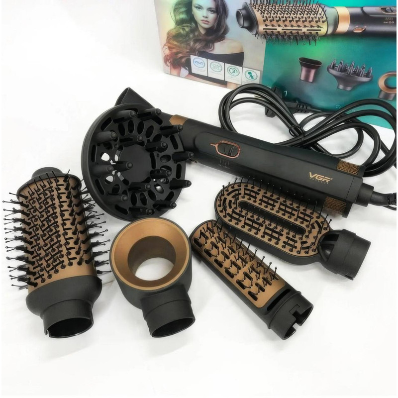 Багатофункціональний фен стайлер 6в1 для укладання та завивки волосся з 6-ма насадками VGR (V-491 Black)